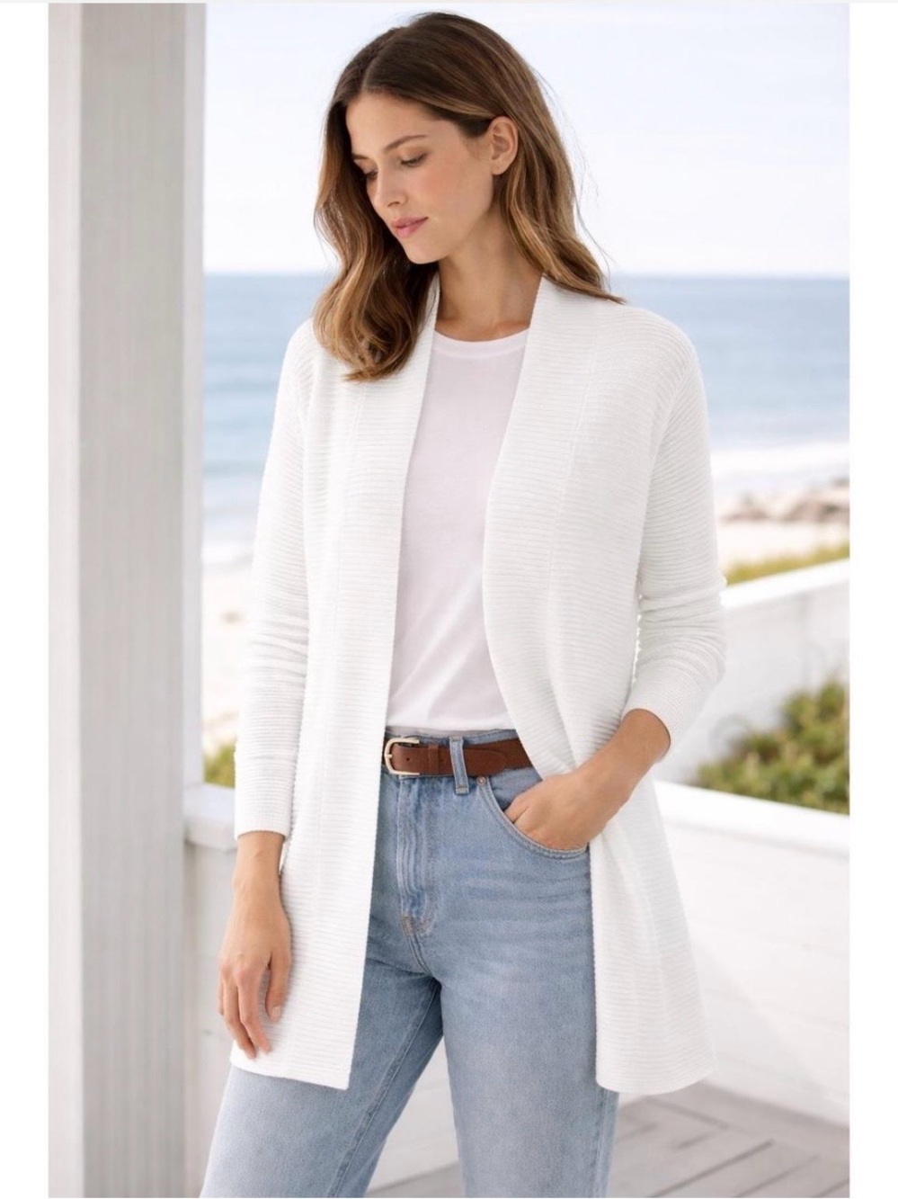 Vince Cream Open-Front Ribbed Cardigan